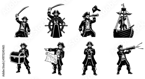 Black and White Vector Pirate Characters and Elements for Maritime Adventure Logos