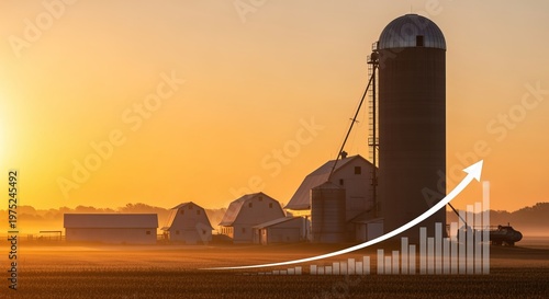 Rural Economy Awakening Agricultural Landscape with Grain Silos at Sunrise and Growth Charts