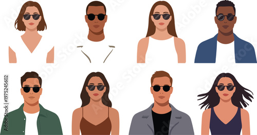 Flat minimalist illustration of diverse people in casual clothing arranged in two rows