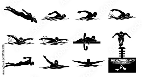 Sports Swimming Silhouettes Set - Swimmers, Diving, and Water Strokes Vector Icons