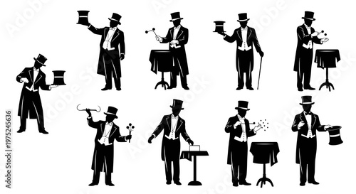 Magician Silhouette Icons Set - Classic Illusionist with Top Hat and Magic Tricks