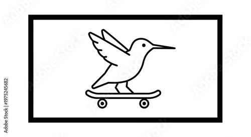Hummingbird riding a skateboard, minimalist line art, playful and quirky illustration
