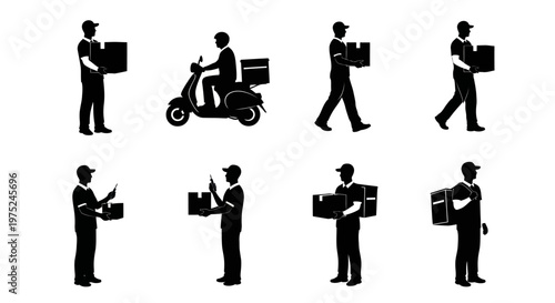 Delivery Courier Workers with Packages and Scooter Silhouette Vector Set for Logistics and Shipping