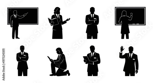 Education and Business People Silhouette Glyphs - Teaching, Learning, Presenting