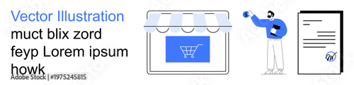 E-commerce, digital shopping, online business, customer experience, technology, retail sales. Storefront with shopping cart icon, mobile device and user interacting. E-commerce and digital shopping