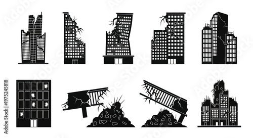 Destroyed Buildings Black  White Silhouette Icons Set - Disaster, War, Demolition, Urban Decay
