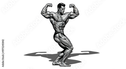 Muscular Bodybuilder Flexing Biceps and Legs, Posing on White Background