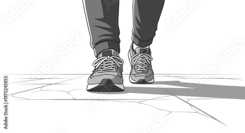 Person walking forward in sneakers on tiled ground, low angle view, black and white