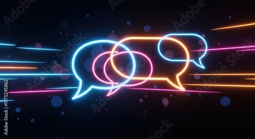 3d speech bubbles with neon light trails symbolizing fast digital messaging on dark background