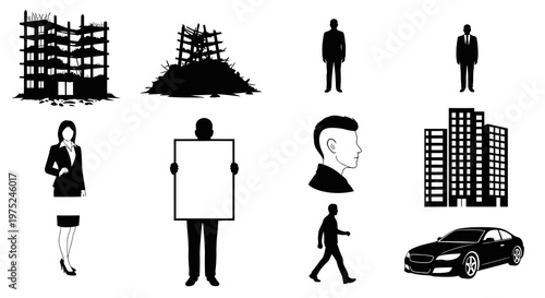 Black and White Silhouette Vector Icons: Business, Urban, Construction Elements Collection