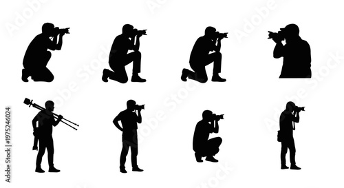 Photography Industry Silhouettes: Professional Photographers with Cameras Vector Set
