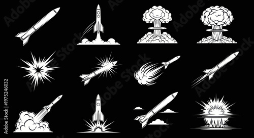 Military Warfare Rockets, Missiles, Nuclear Explosions Black  White Line Art Icons Set