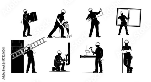 Black  White Construction Workers Vector Icons Set: Building  Renovation Tradesmen Silhouettes
