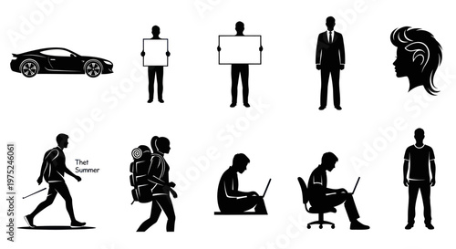 Set of Modern Lifestyle People  Objects: Business, Tech, Travel Black Silhouette Vectors
