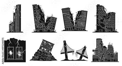 Architecture  Catastrophe Glyph Vector: Destroyed Buildings, Ruined City, Broken Bridge Icons