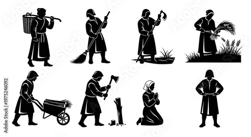 Black and White Glyph Set of Medieval Peasant and Agricultural Worker Icons