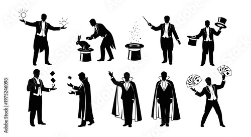 Magic Show Entertainment Black  White Silhouette Glyphs - Magicians Performing Tricks Icons
