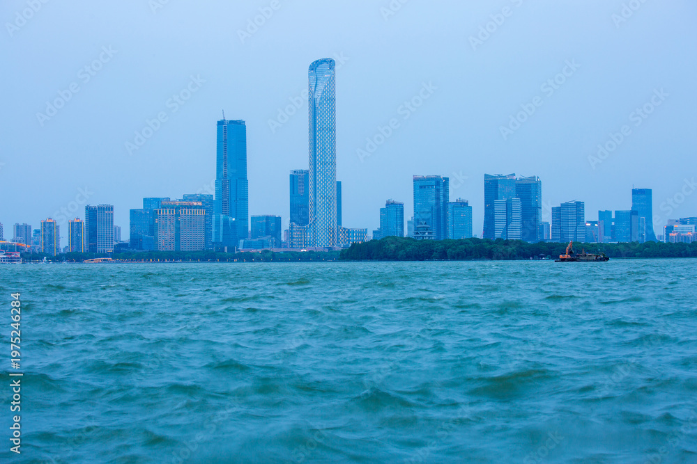 Obraz premium Jinji Lake lakeside city skyline scenery in Suzhou, China