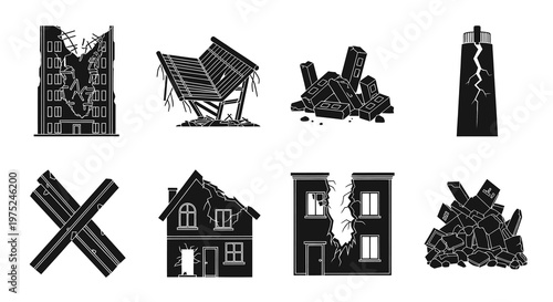 Disaster Architecture Glyph Icons: Destroyed Buildings, Houses, and Rubble Collection