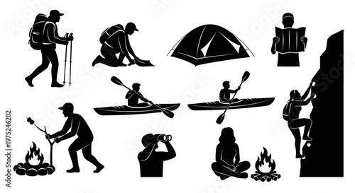 Outdoor Adventure Glyphs Set: Camping, Hiking, Kayaking Black  White Silhouettes