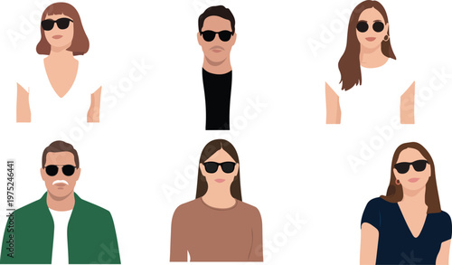 Flat minimalist illustration of diverse people in casual clothing arranged in two rows
