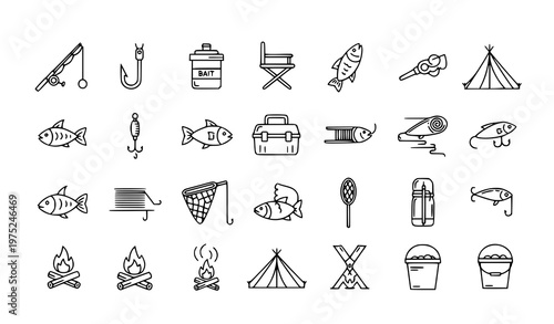 Fishing Equipment Line Icon Set Rod Hook Folding Chair Outdoor Fishing Symbols