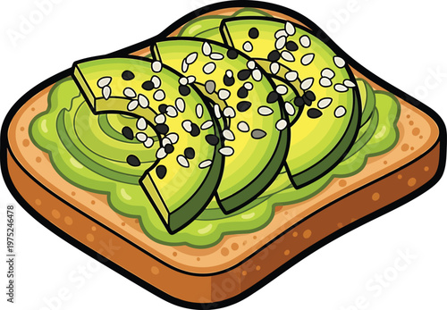 Delicious avocado toast with sesame seeds on crispy bread in colorful vibrant lighting for food blog on transparent background