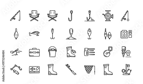 Minimal Fishing Line Icons Set Rod Hook Portable Chair and Fishing Gear Collection