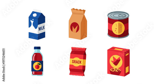 Modern FMCG Product Packaging Vector Icon Set, Flat Illustration of Milk Carton, Cereal Box, Snack Bag, and Canned Food for Retail, Grocery, and E-commerce Design.