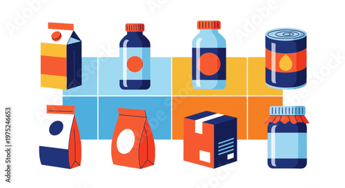 Modern Flat Vector Illustration Set of FMCG Product Packaging for Retail and E-commerce.