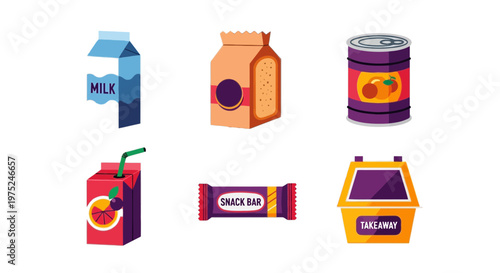 Modern Flat Vector Icon Set of FMCG Food and Drink Packaging for Grocery and Delivery App.