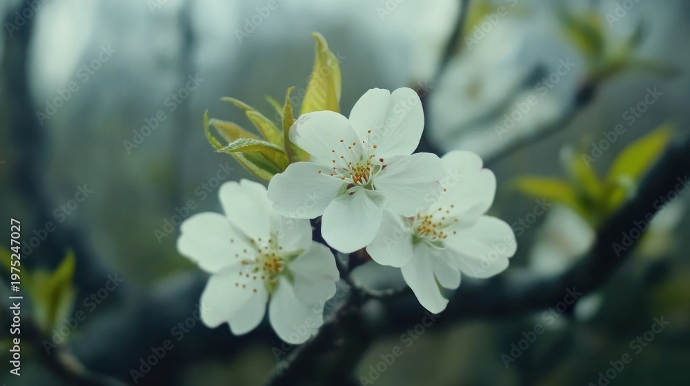 Obraz premium Close-up of delicate white blossoms with yellow centers, emerging from a branch