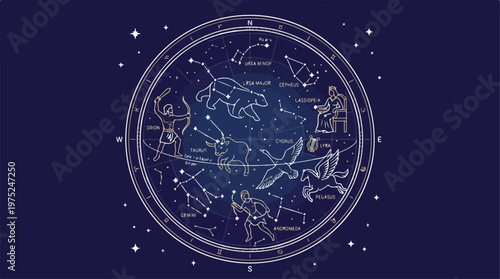 Zodiac Star Map Night Sky.