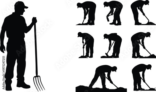 Farmer working silhouettes set with pitchfork and digging actions, agriculture labor concept illustration isolated on white background for farming design