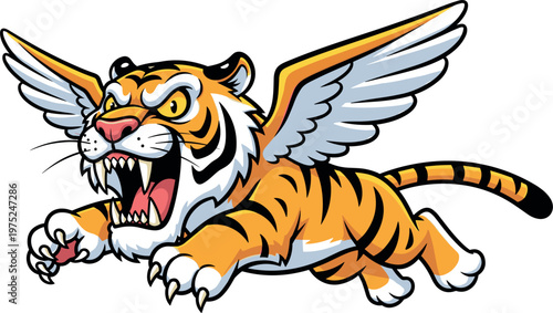 Flying tiger cartoon mascot with wings aggressive wild animal vector illustration dynamic fantasy creature for logo design
