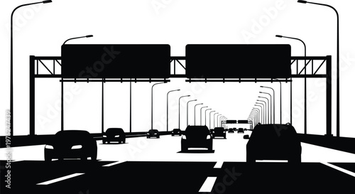 Highway traffic silhouette vector illustration with cars driving under road signs and street lights, urban transportation concept isolated on white background