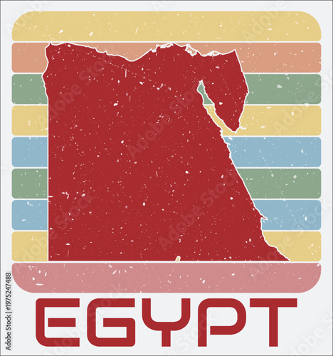Egypt vintage logo. Shape of the country on retro colored stripes background. Egypt map design with grunge scratch texture. Vector illustration.