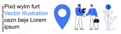 Business cooperation, professional agreements, teamwork, financial planning, location services, digital navigation. Two professionals shaking hands and a large location pin. Business cooperation