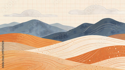 Illustrated mountain landscape with sand dunes