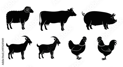 Farm Animals Silhouette Collection: Sheep, Cow, Pig, Goats, Chickens