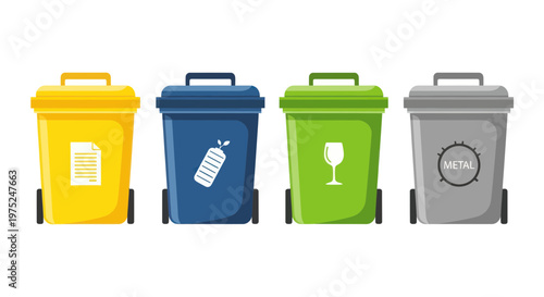 Four Colorful Recycling Bins for Waste Sorting on White Background