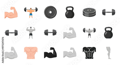 Fitness Icons Set: Dumbbells, Barbells, Kettlebells, Biceps, Muscles