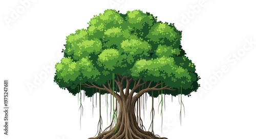 Vibrant Banyan Tree with Aerial Roots and Lush Green Canopy