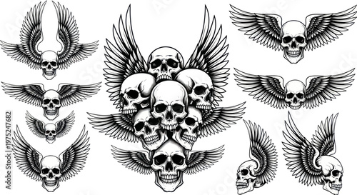 Winged Skull Illustrations - Tattoo Design Elements