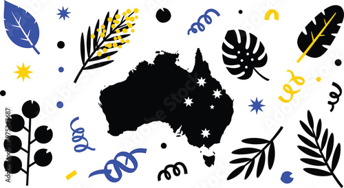 Kings birthday australia celebrating with native flora and australian continent silhouette design