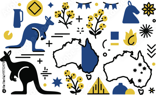 Celebrating kings birthday australia australian icons map and festive elements for a national holiday