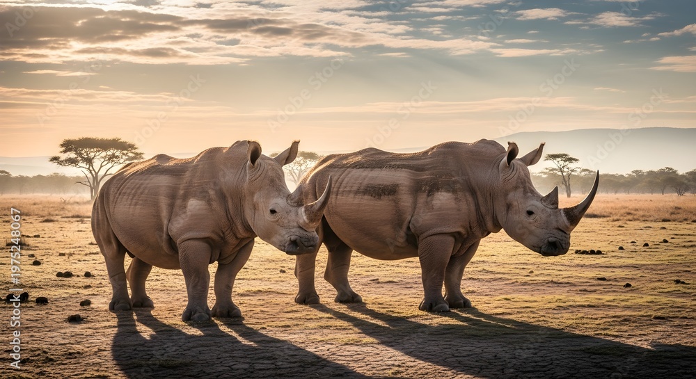 Fototapeta premium Two majestic rhinos standing together in African savanna sunrise