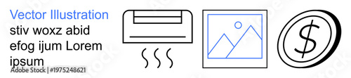 Climate control, digital media, finance, business tools, money, and usability. A minimalistic set with air conditioner, image frame and dollar symbol. Climate control and digital media focus