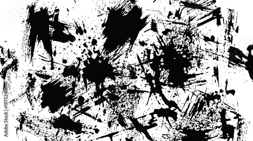 Abstract black and white ink splatter texture with chaotic brush strokes.