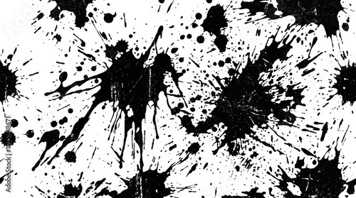 Abstract black ink splatter texture on white background with grunge pattern.